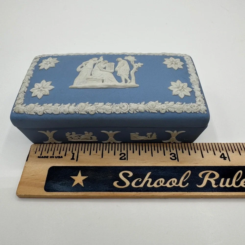 Wedgwood Blue Jasperware Rectangular Trinket Box Neoclassical Made in England